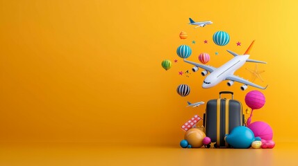 A colorful travel-themed graphic featuring an airplane, suitcase, and various playful elements.