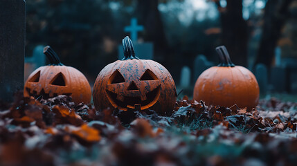 Halloween Pumpkins. features several pumpkins lying in a cemetery area with a blurred background adding a mysterious and spooky feel, perfect for Halloween celebrations.