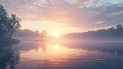 Fototapeta premium A peaceful sunrise over a calm lake, with the soft glow of the sun reflecting on the water, symbolizing the start of a fresh day
