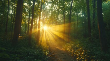 Obraz premium A peaceful sunrise over a forest, with golden rays breaking through the trees, symbolizing the start of a new day and new possibilities