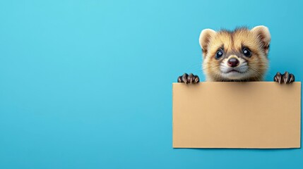 A cute animal peeking over a blank sign against a blue background.