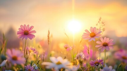 Obraz premium A serene sunrise over a field of wildflowers, with soft morning light creating a peaceful atmosphere, symbolizing new beginnings