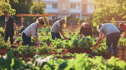 Group of people tending to plants in a community garden