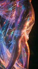 A close-up portrait of a woman's legs adorned in elegant silk stockings, gracefully accentuating her figure while wearing a stylish dress. The image highlights the luxurious texture of the fabric and 