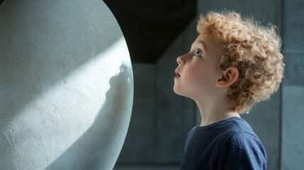 Curious child observing large egg sculpture in spring art exhibit