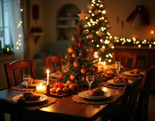 Cozy christmas dinner setting with festive decorations and candlelight