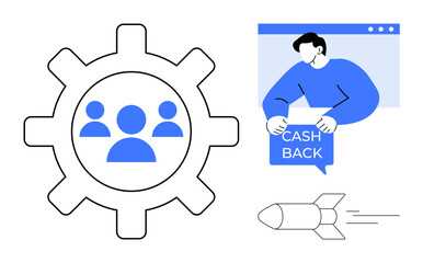 Gear with user icons, person holding cashback sign, and rocket. Ideal for business growth, teamwork, consumer rewards, efficient marketing, and innovation themes. Simple modern vector style
