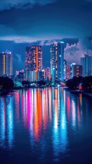 Fototapeta premium Vibrant City Skyline at Night with Reflections