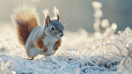 Fototapeta premium A small squirrel cautiously navigates the icy terrain, its fur catching the soft morning light. The frost sparkles around as it searches for food, showcasing the beauty of winter wildlife.
