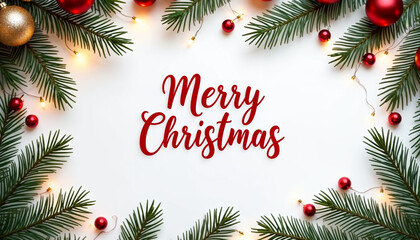 Christmas greeting card with branches and baubles. Xmas frame with Merry Christmas lettering