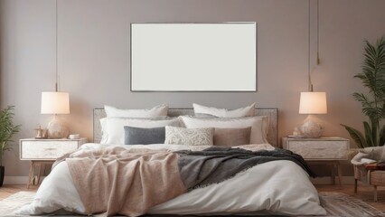 A stylish bedroom with a large empty frame above the bed. The bed is made with white linens and has a light beige blanket and a grey throw