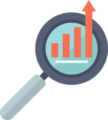Magnifying glass is focusing on a growing bar chart with an upward arrow, symbolizing market analysis and business success
