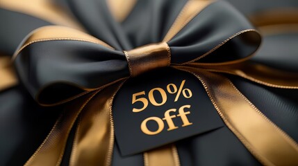 Black and gold ribbon with a tag that reads "50% off" on a white background