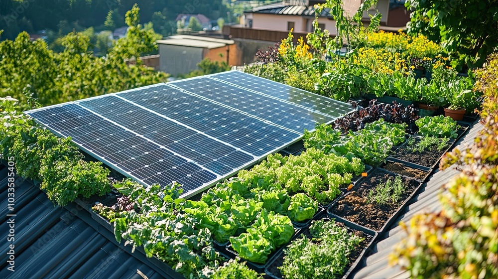 Wall mural solar panels and greenery on a roof