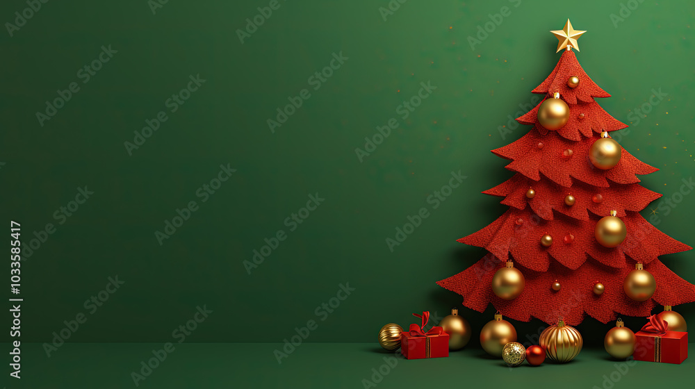 Poster christmas tree toy card template with baubles and copy space. contrast red and green greeting card f