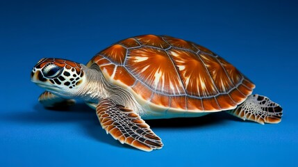 A detailed depiction of a turtle on a blue background, showcasing its intricate shell patterns.