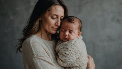 on a gray background, mother hugs her newborn