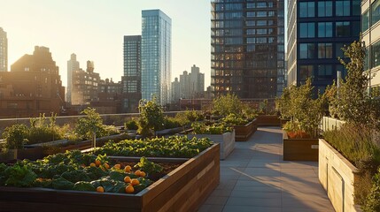 Rooftop Garden with Cityscape Background and Wooden Planters
