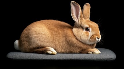 A fluffy brown rabbit resting on a gray surface against a dark background.