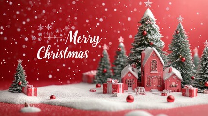 Christmas holiday red background photography with white Letters "Merry Christmas" on red background with small snow Christmas tree, small houses, gifts and balls 