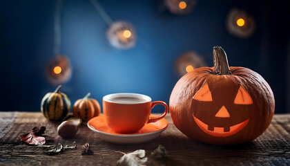 A festive Halloween scene featuring a carved pumpkin, a cozy cup, and autumn decorations, evoking seasonal warmth and charm.