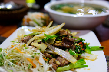 Goi Ga Chao Ga salad with peanut fish sauce, chili pepper, carrot, herbs, fried squid. Vietnamese traditional food and chicken rice porridge with onion and black pepper.