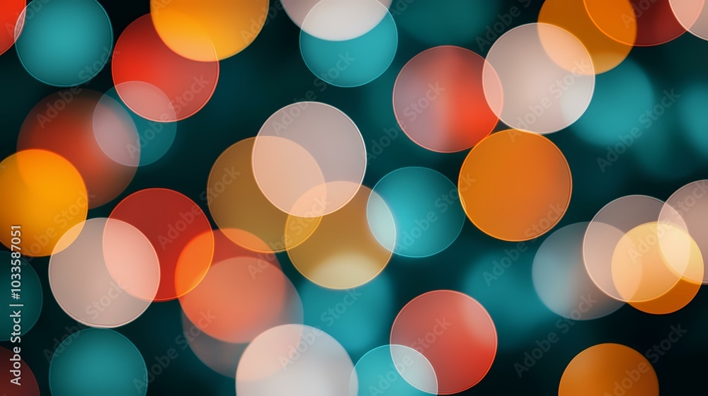 Poster a blurry image of many colorful circles of light on a dark teal background.
