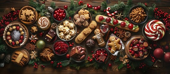 Assortment of traditional Christmas baked goods sweets and confections including cookies cakes candies and other holiday treats displayed on a rustic wooden surface with pine branches