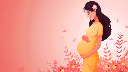 Beautiful pregnant woman banner with copy space, concept of pregnancy, parenthood, Card for design, Vector flat illustration on a light pink background