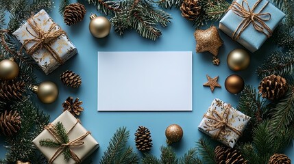 A mockup of an empty, blank white A4 card on a light blue background with Christmas decorations, golden stars and balls, gifts, pine branches, in a flat lay top view from above