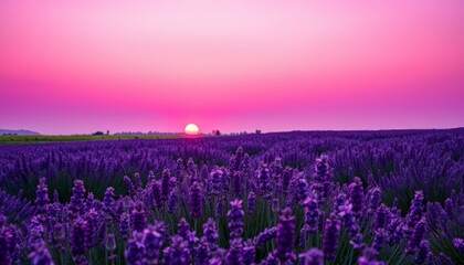 Fototapeta premium Serene Lavender Field at Sunset with Purple Sky