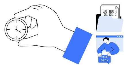 Hand holding clock, folder of documents. Man with cashback card. Ideal for business, time management, financial planning, rewards programs, digital processes. Modern, minimalist, clean