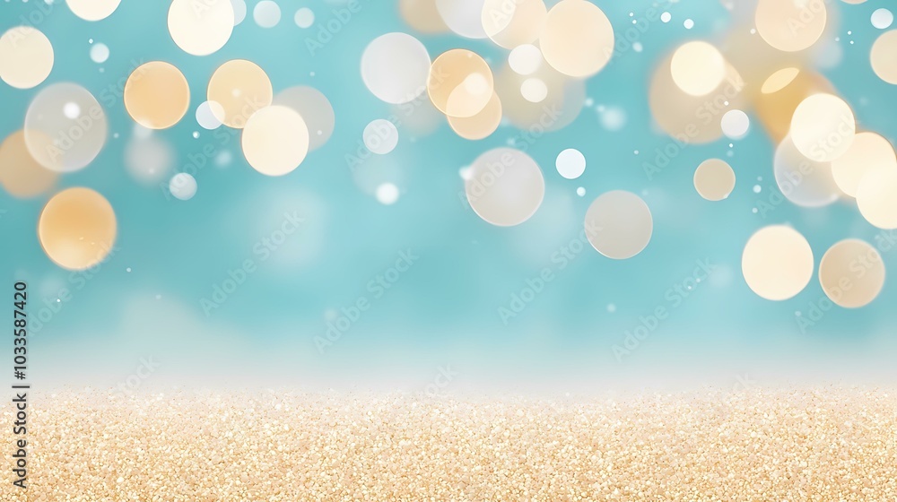 Poster a blue background with out of focus light orbs and a bottom layer of a white sparkly surface.