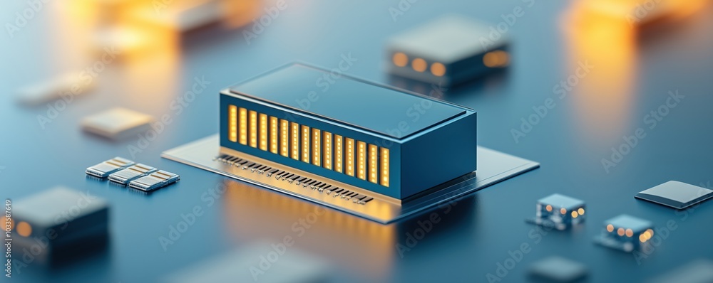 Aufkleber close-up view of a modern microchip on a circuit board with warm lighting.