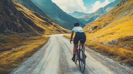 Fototapeta premium On the Transfagarasan Road, a male cyclist is riding a gravel bike. A rider is working on his riding technique.Motivation in sports.Bicycle adventure travel.backdrop of mountains.Cycling.