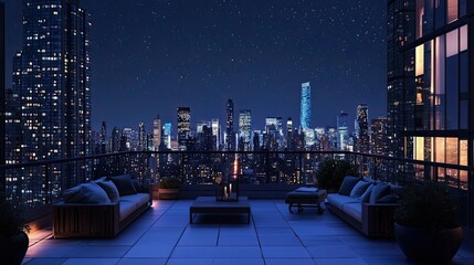 Nighttime view of a city skyline from a rooftop terrace with furniture