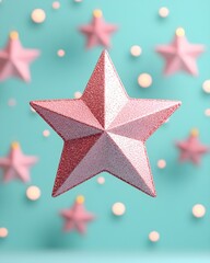 Sparkling pink star decorations on a turquoise background