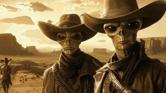 Two aliens dressed as cowboys and holding guns, stand in a desert landscape with a large rock formation in the background. Wild West, western style