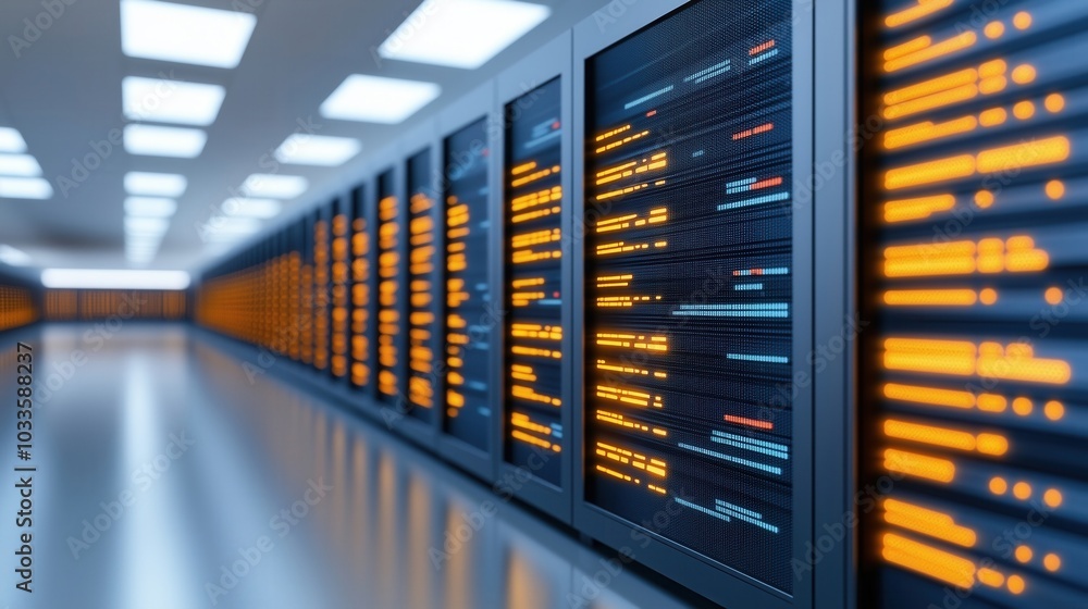 Poster modern data center with rows of servers displaying vibrant lights and digital interfaces.
