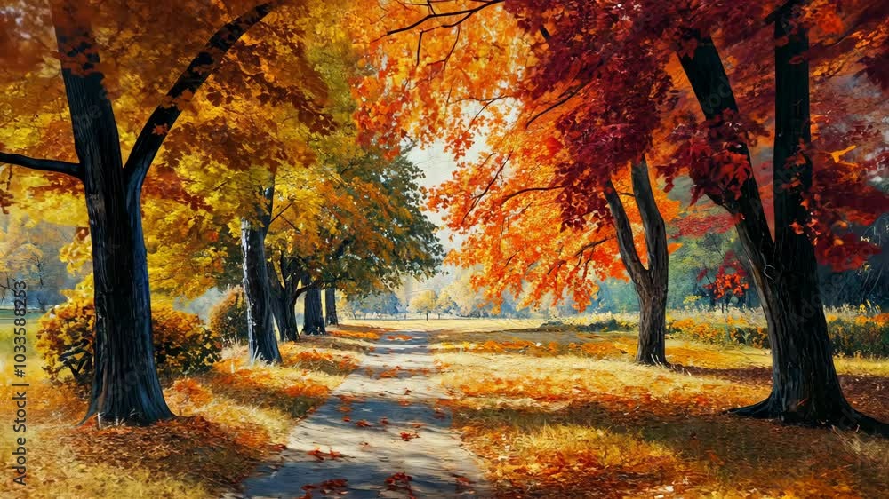Poster a path winds through a forest of colorful autumn trees