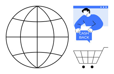 Black-outlined globe, person holding a Cash Back sign in a blue and white window and a minimalistic shopping cart. Ideal for e-commerce, global trade, online marketing, cashback, web shopping. Simple