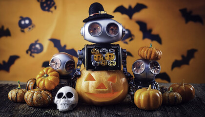 Obraz premium A playful robot celebrates Halloween with pumpkins, a skull, and festive decorations against an orange backdrop.