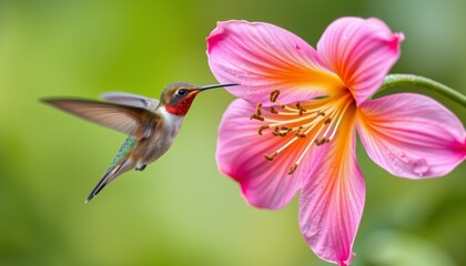 Naklejka premium Vibrant Hummingbird Near Colorful Flower