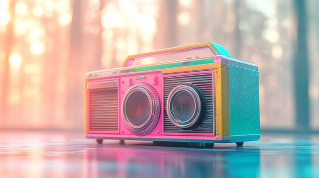 Bright and bold boombox in neon pink, green, and yellow, resting on a soft blurred background with a subtle gradient, energetic retro theme