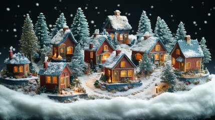Fototapeta premium A charming, miniature Christmas village scene with snow-covered houses, twinkling lights, and festive decorations