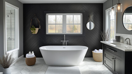A modern bathroom with gray wall tiles