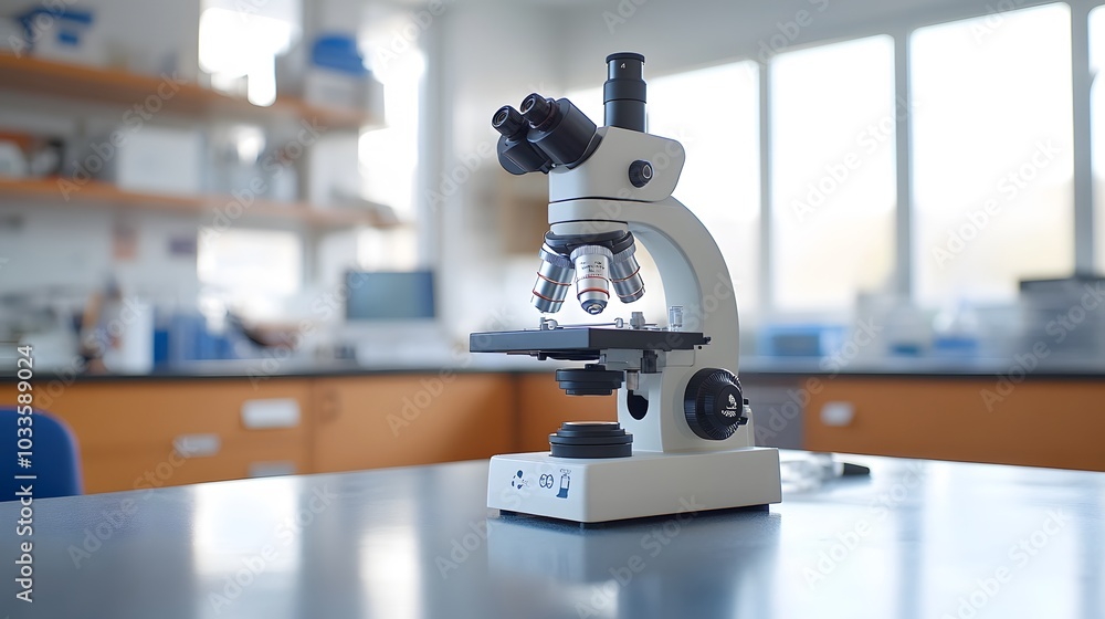 Poster a white microscope on a laboratory table with a blurry background
