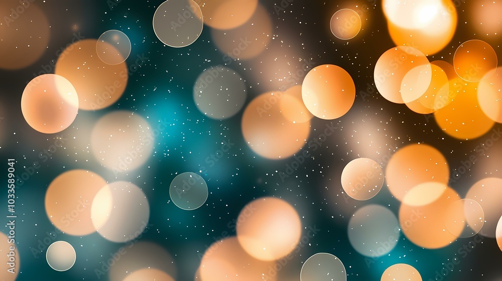 Poster the image is a blurry abstract background with a teal backdrop with many out-of-focus white and oran