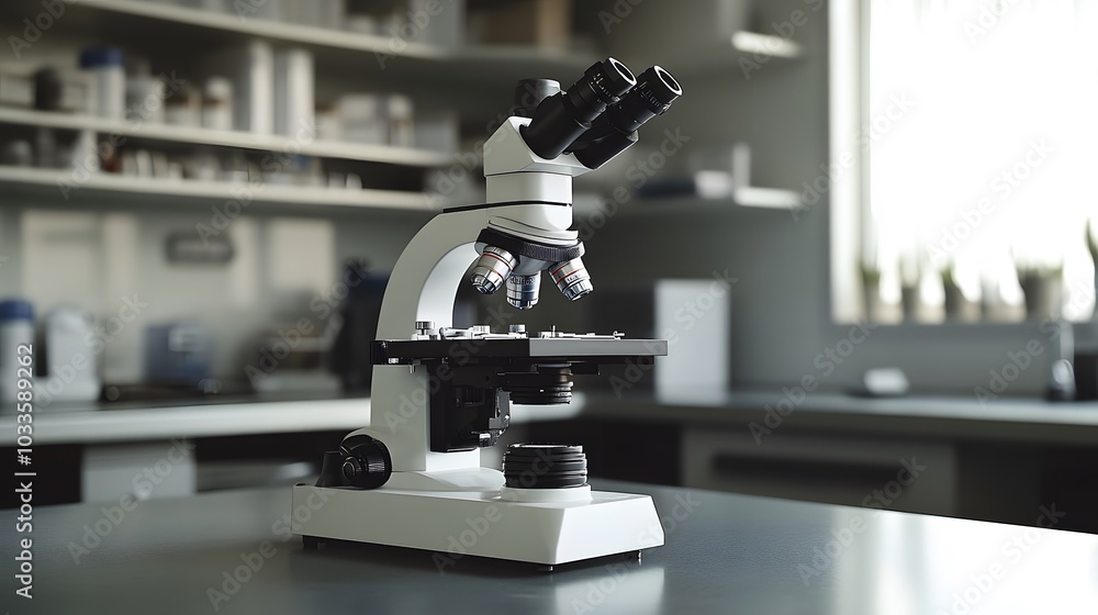 Poster a white microscope on a gray table in a lab setting