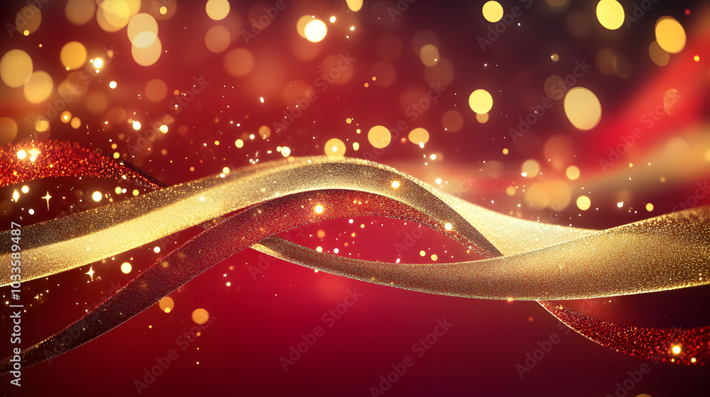 Aufkleber luxury red color background with golden line elements and curve light effect decoration and bokeh. b